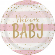 Pappteller Pink & Gold Welcome Baby, 8 Stück