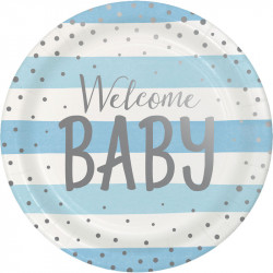 Assiettes en carton bleu & argent Welcome Baby, 8 pièces