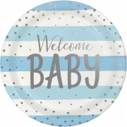 Piatto di carta Welcome Baby blu e argento, 8 pezzi
