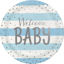 Pappteller Blau & Silber Welcome Baby, 8 Stück