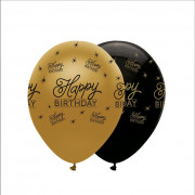 Ballon Happy Birthday Schwarz/Gold, 6 Stück