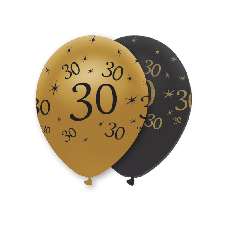 6 Ballons d'anniversaire noir et or