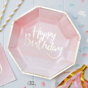 Assiette en carton rose Happy Birthday, 8 pièces