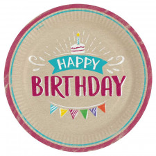 Pappteller Happy Birthday Natur Ø 23 cm, 8 Stück