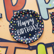 Piatti di carta Happy Birthday Party Ø 23 cm, 8 pezzi