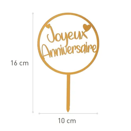 Cake topper Joyeux Anniversaire Oro, 10 x 16 cm
