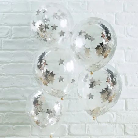 Confetti ballon argent étoiles, 5 pièces