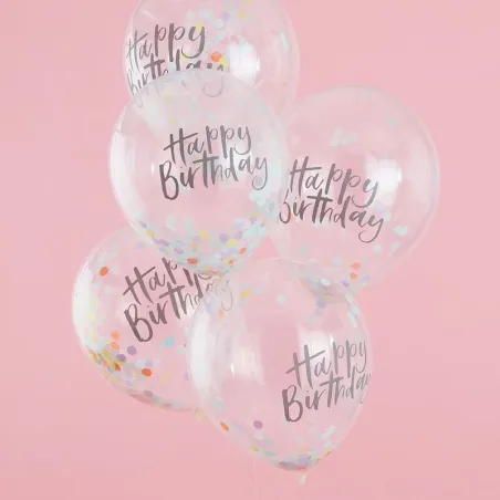 Palloncino con coriandoli pastello Happy Birthday, 5 pezzi