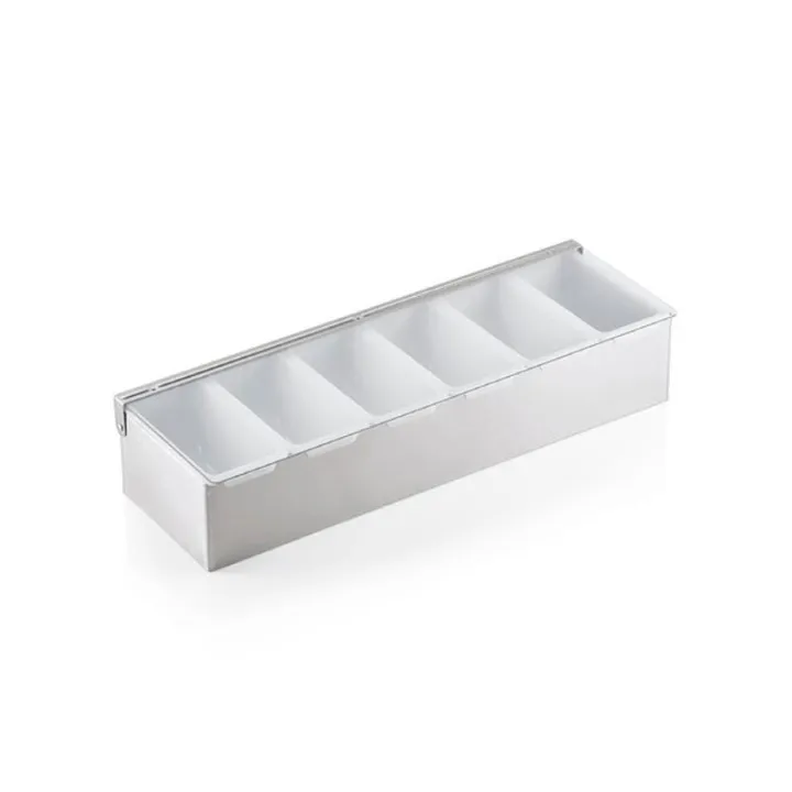 Ingredient container with 6 inserts made of chrome, nickel and steel