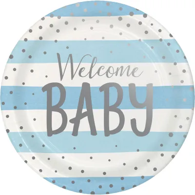 Pappteller Blau & Silber Welcome Baby, 8 Stück