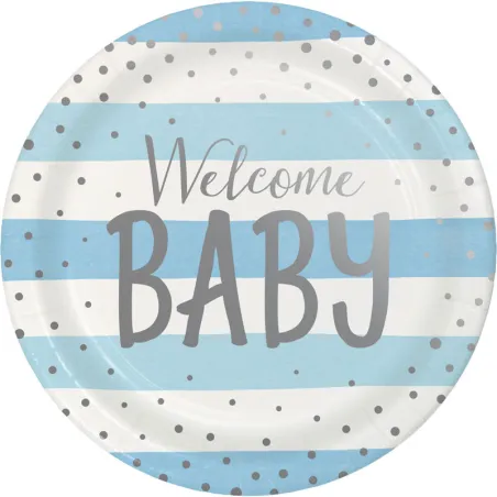 Paper plate blue & silver Welcome Baby, 8 pieces