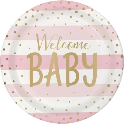 Pappteller Pink & Gold Welcome Baby, 8 Stück