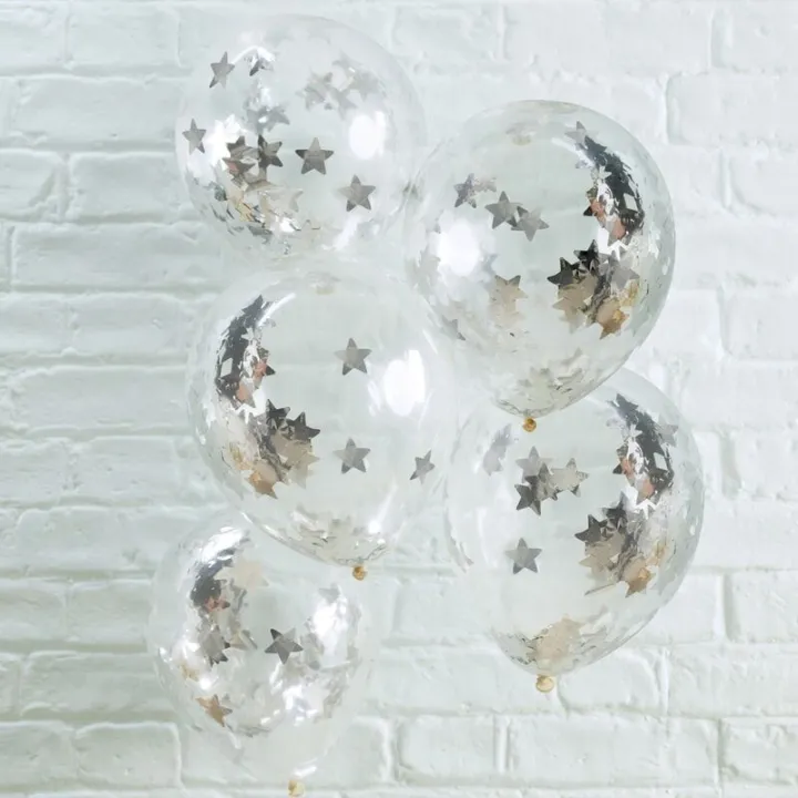 Confetti ballon argent étoiles, 5 pièces