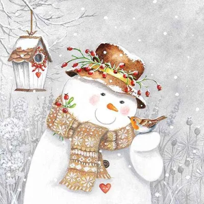 Napkins snowman with robin, 20 pieces for winter enjoyment