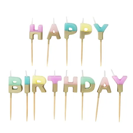 Bougies-lettres Happy Birthday pastel et or