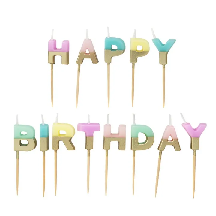 Candele a forma di lettera Buon compleanno pastello e oro