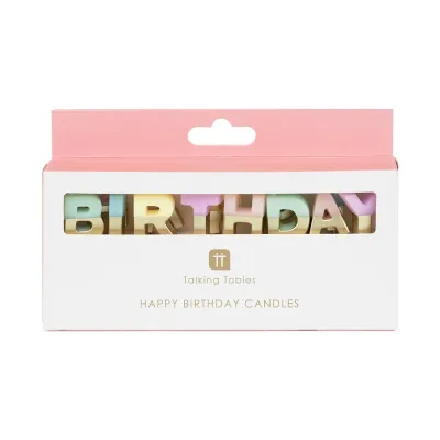 Letter candles Happy Birthday pastel and gold