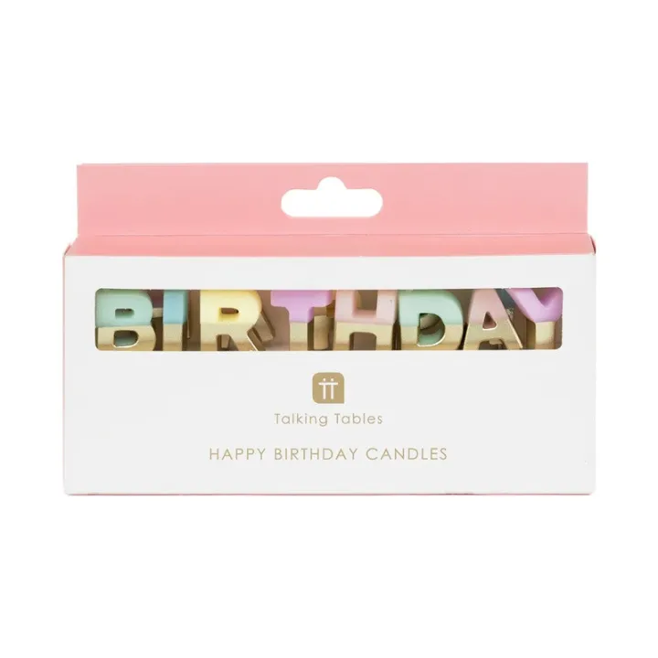 Candele a forma di lettera Buon compleanno pastello e oro