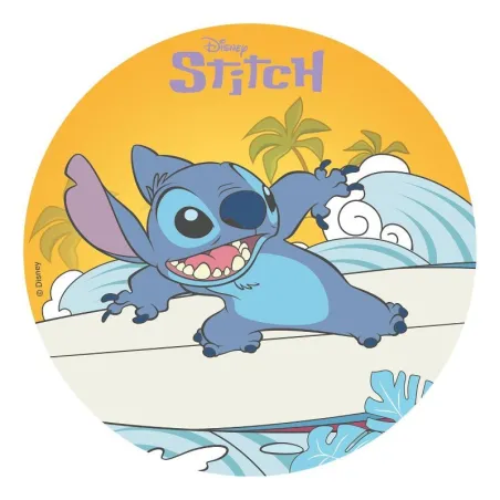 Cake topper in carta commestibile Stitch Surfing, Ø 20 cm