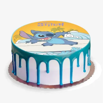 Cake topper made of edible paper Stitch Surfing, Ø 20 cm
