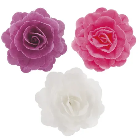 White, pink, purple roses made of edible paper Ø 7 cm, 15 pieces