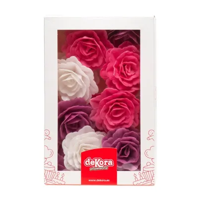 White, pink, purple roses made of edible paper Ø 7 cm, 15 pieces