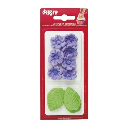 Decorazioni di zucchero fiori viola e foglie verdi, 13 pezzi