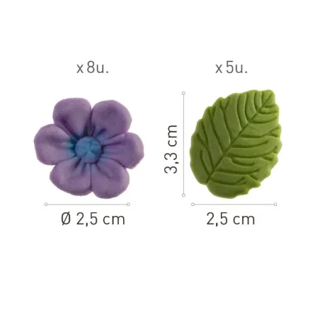 Decorazioni di zucchero fiori viola e foglie verdi, 13 pezzi