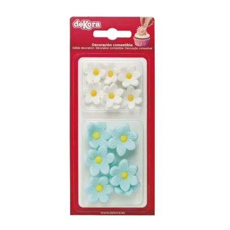 Sugar decorations white & light blue flowers, 14 pieces