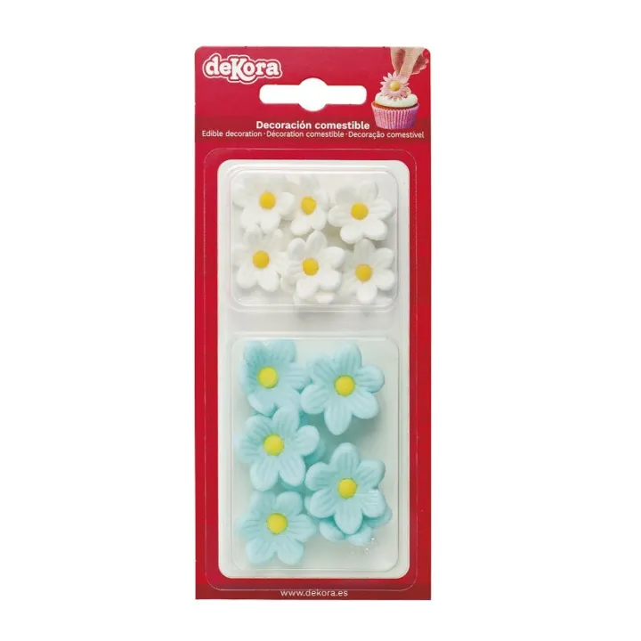 Décor en sucre fleurs blanches & bleu clair, 14 pièces