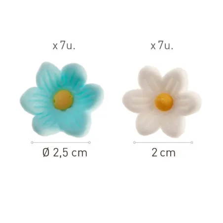 Sugar decorations white & light blue flowers, 14 pieces