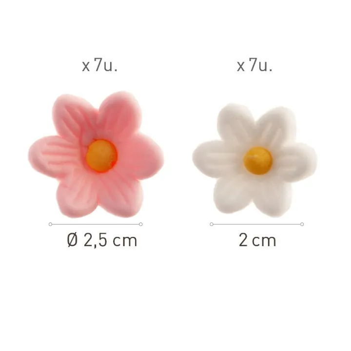 Zuckerdekor weisse & rosa Blumen, 14 Stück