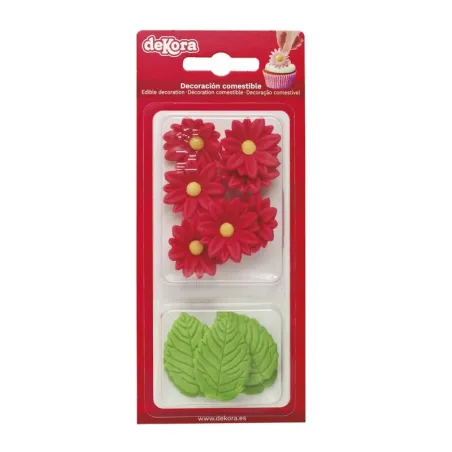 Decorazioni di zucchero fiori rossi e foglie verdi, 12 pezzi