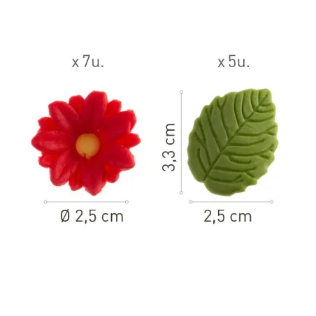 Decorazioni di zucchero fiori rossi e foglie verdi, 12 pezzi