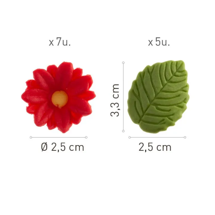 Zuckerdekor rote Blumen & grüne Blätter, 12 Stück