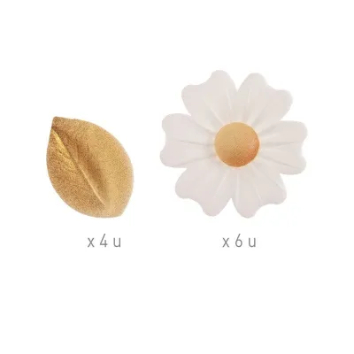 Fiori bianchi e foglie dorate in carta commestibile, 2 pezzi