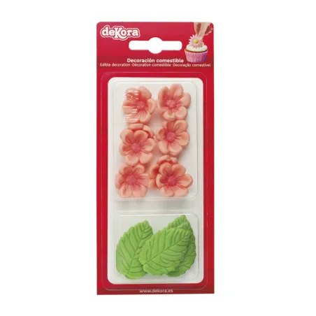 Décor en sucre fleurs roses & feuilles vertes, 13 pièces