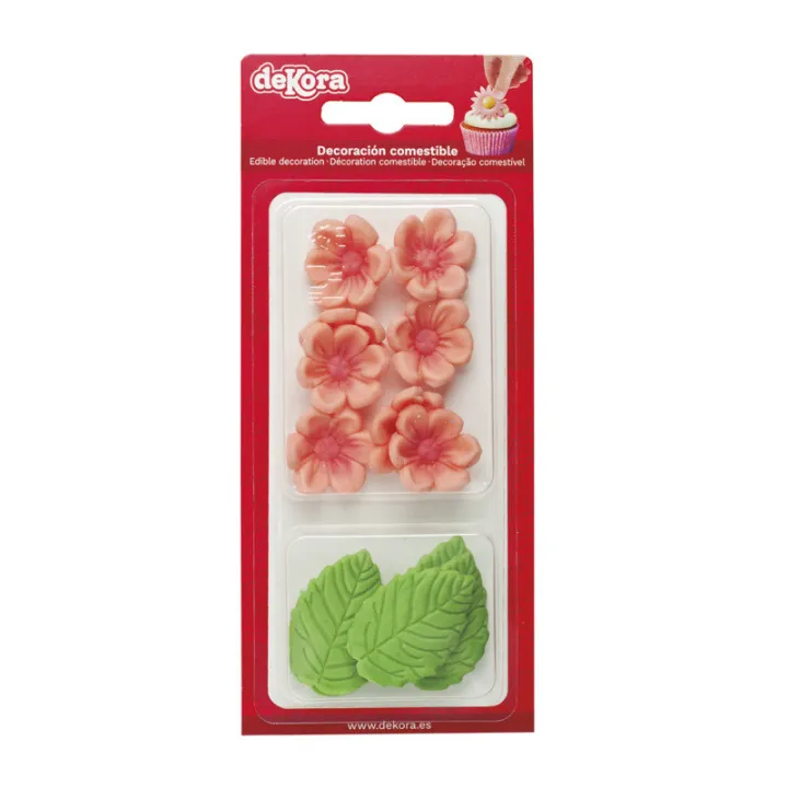 Sugar decorations pink flowers & green leaves, 13 pieces