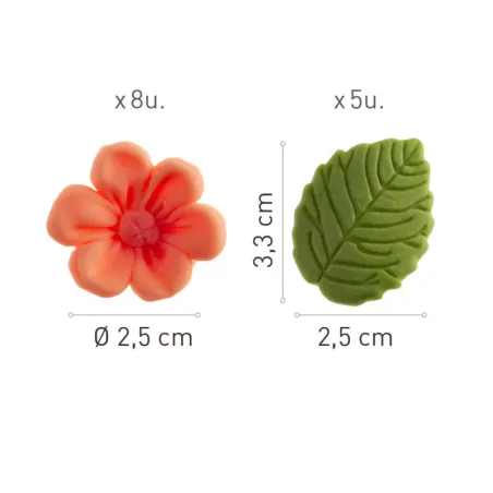 Sugar decorations pink flowers & green leaves, 13 pieces