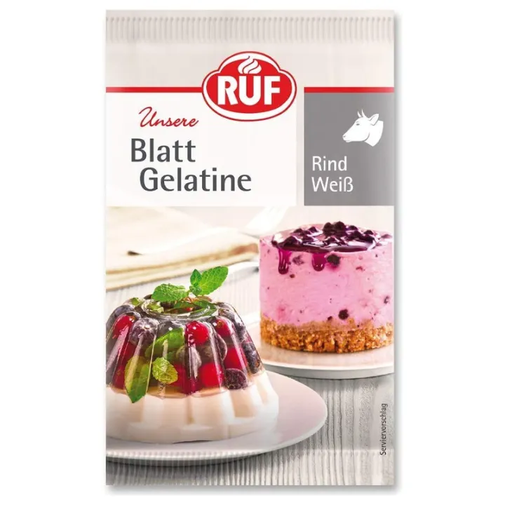 RUF Blattgelatine Rind 20 g – 12 Blatt Gelatine für Tortencremes, Gelees und Desserts | miniSchoggi