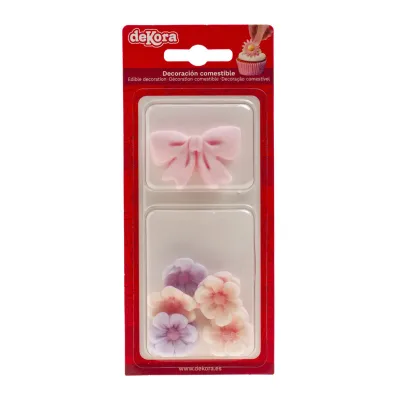 Zuckerdekor rosa Schleife & Blumen, 10 Stück
