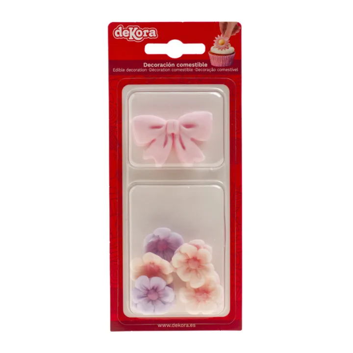 Sugar decorations pink bow & flowers, 10 pieces
