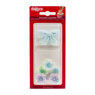 Zuckerdekor hellblaue Schleife & Blumen, 10 Stück