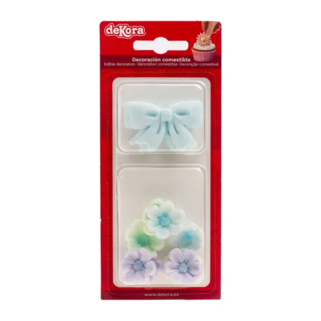 Décor en sucre bleu clair ruban & fleurs, 10 pièces