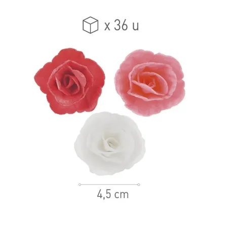 Rose bianche, rosa, rosse in carta commestibile Ø 4,5 cm, 36 pezzi