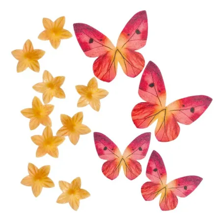 Butterflies and yellow flowers made from edible paper, 39 pieces