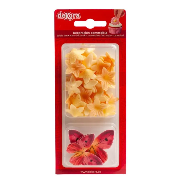 Butterflies and yellow flowers made from edible paper, 39 pieces