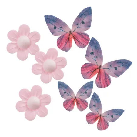 Papillons et fleurs roses en papier comestible, 9 pièces