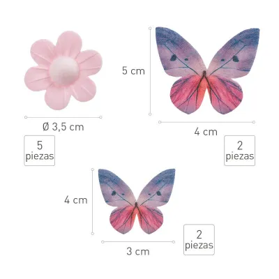 Papillons et fleurs roses en papier comestible, 9 pièces