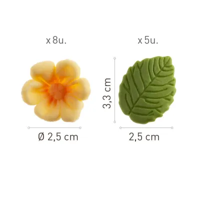 Décor en sucre fleurs jaunes & feuilles vertes, 13 pièces